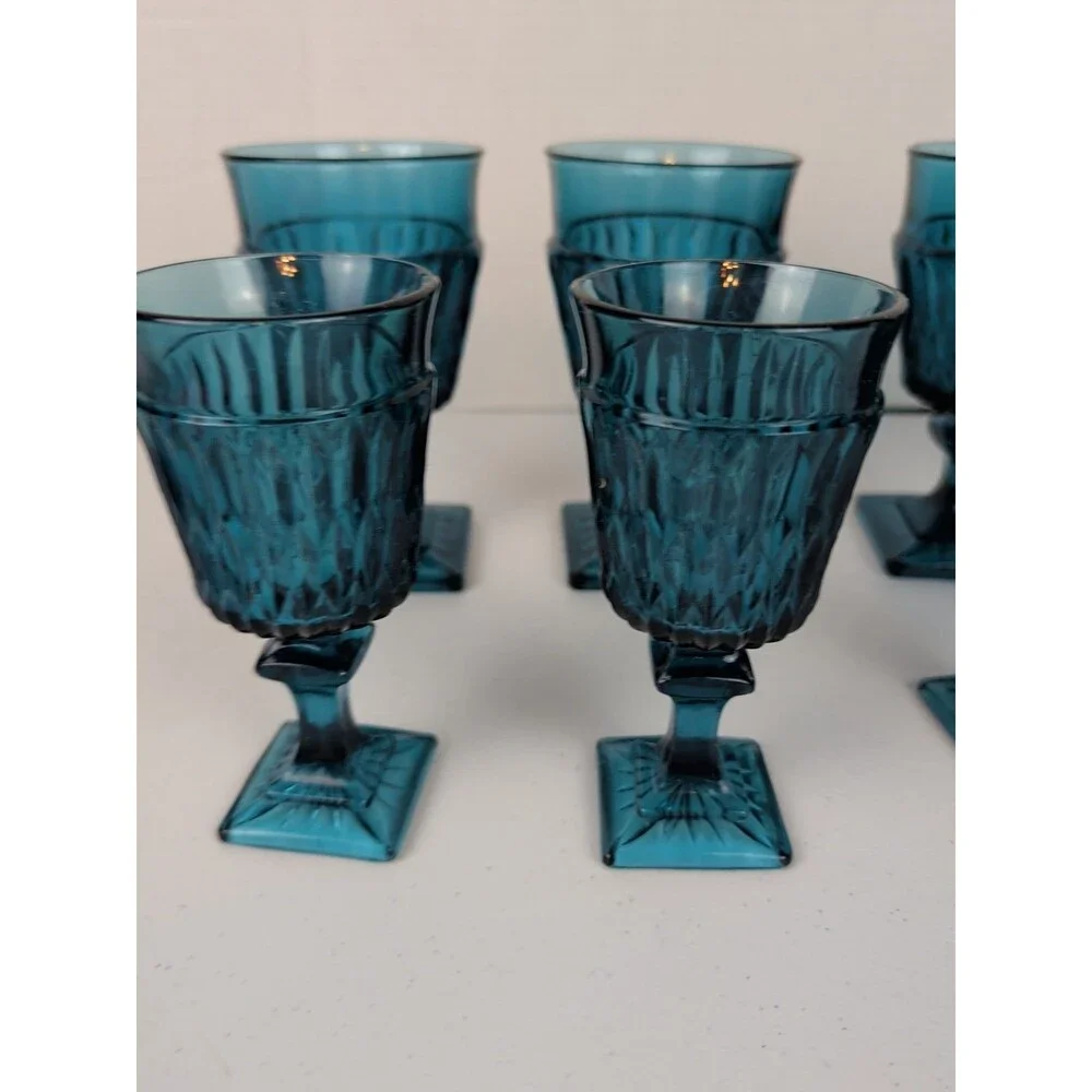 Rare 1970s Vintage Blue Indiana Glass Mt Vernon Footed Goblets Set Of 8